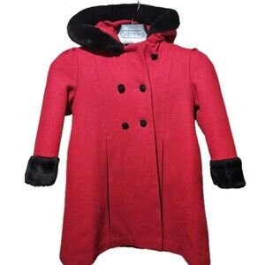 Vtg Stephanie Matthews Girls Wool Red Double Breasted Pea Coat Black Velvet  5